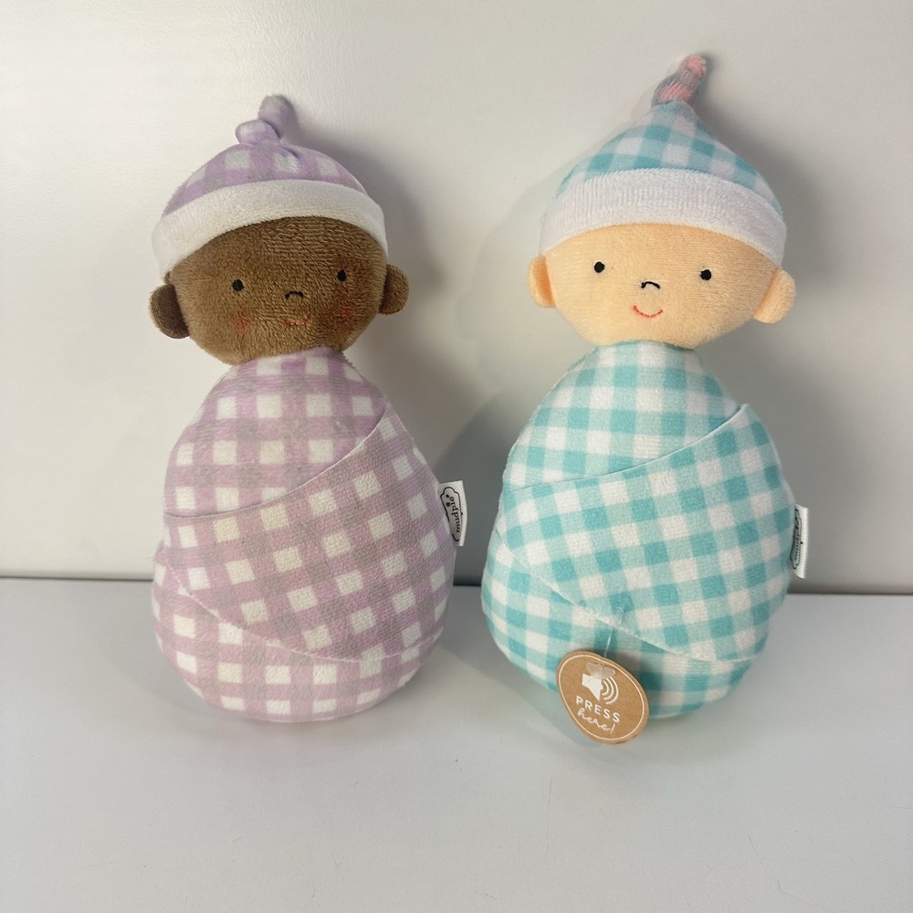 Mud Pie Swaddled Baby Rattles Stuffed Animal Plush x2 With Sound Box
